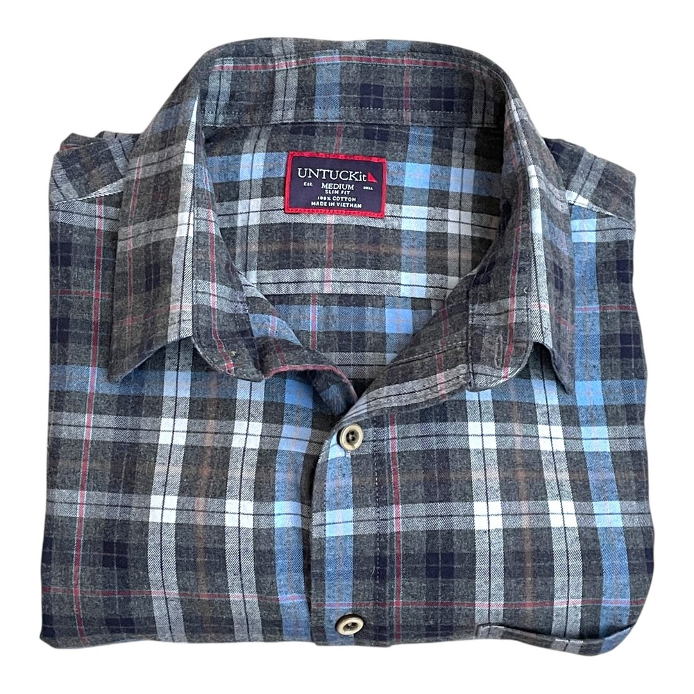 UNTUCKit Carano Flannel L/S Button Shirt Men's MEDIUM Gray Blue Plaid CLEAN!